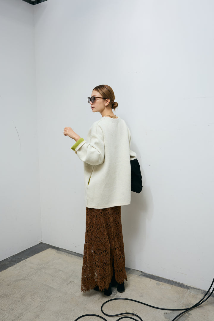 [予約/SET]ダブルフェイス配色ニットコート+レース刺繍ロングスカート(2set)