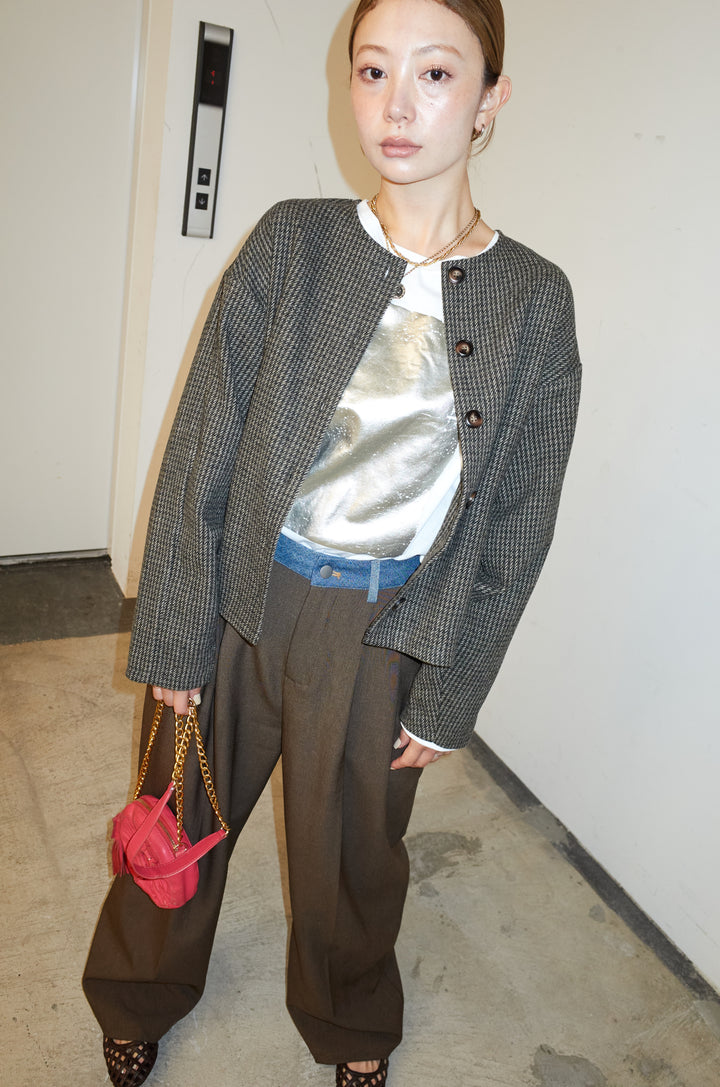 [予約/SET]ガンクラブチェックノーカラーJK+ウエスト配色タックワイドパンツ(2set)