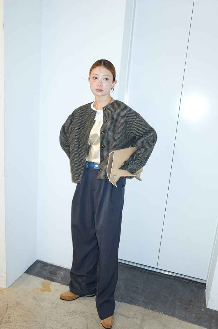 [予約/SET]ガンクラブチェックノーカラーJK+ウエスト配色タックワイドパンツ(2set)