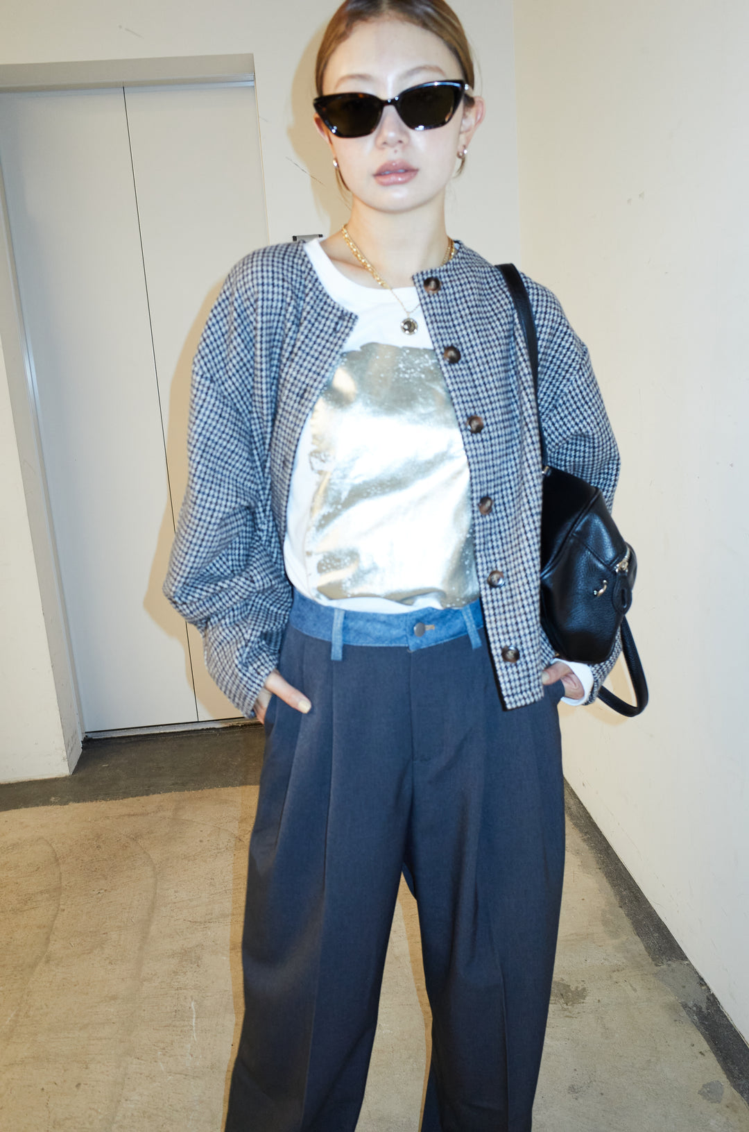 [予約/SET]ガンクラブチェックノーカラーJK+ウエスト配色タックワイドパンツ(2set)