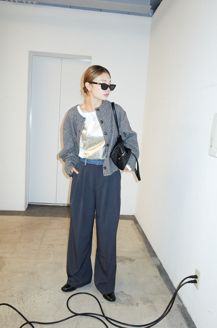 [予約/SET]ガンクラブチェックノーカラーJK+ウエスト配色タックワイドパンツ(2set)