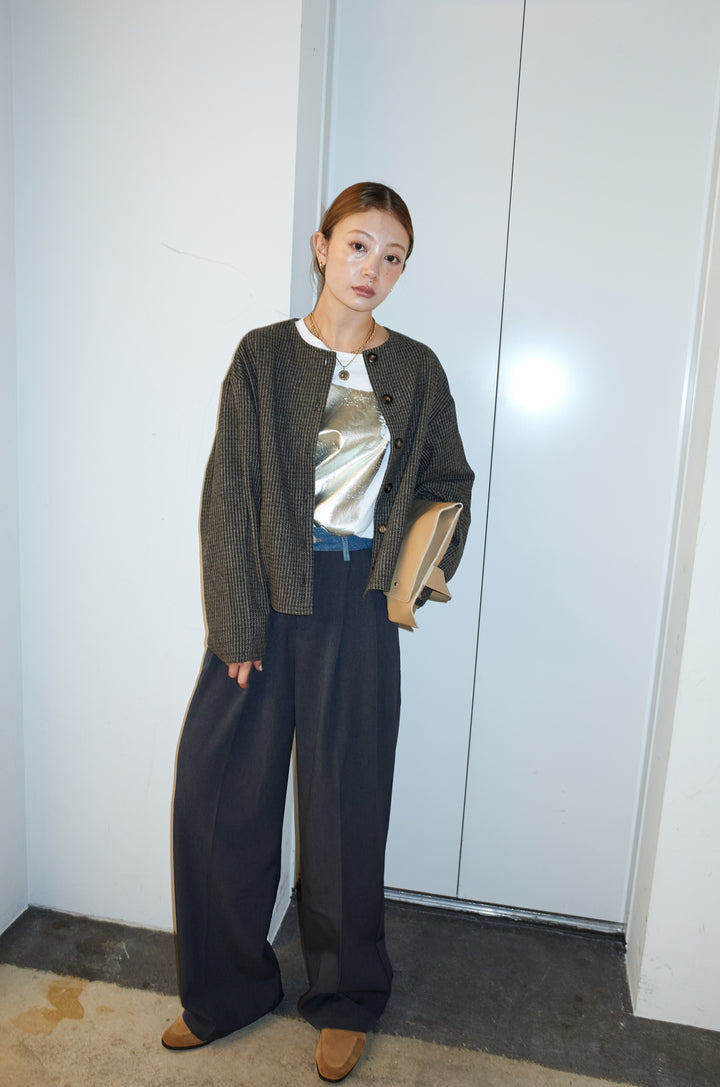 [予約/SET]ガンクラブチェックノーカラーJK+ウエスト配色タックワイドパンツ(2set)