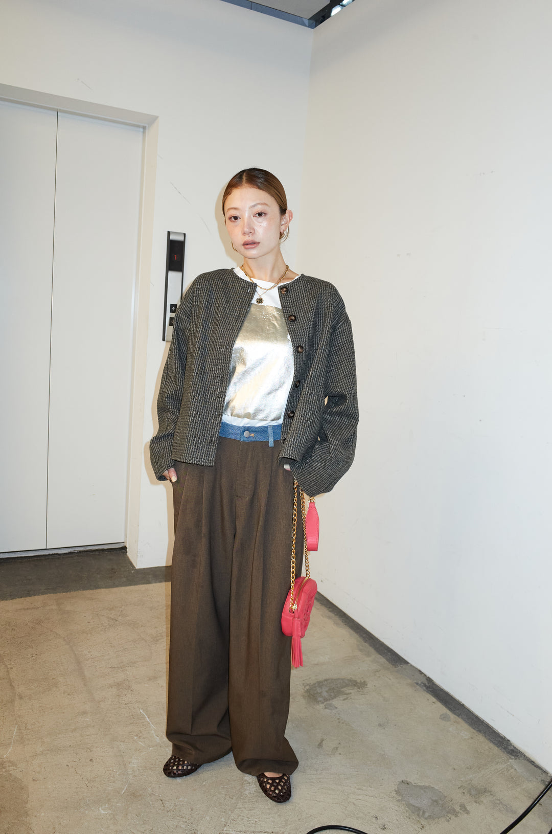 [予約/SET]ガンクラブチェックノーカラーJK+ウエスト配色タックワイドパンツ(2set)