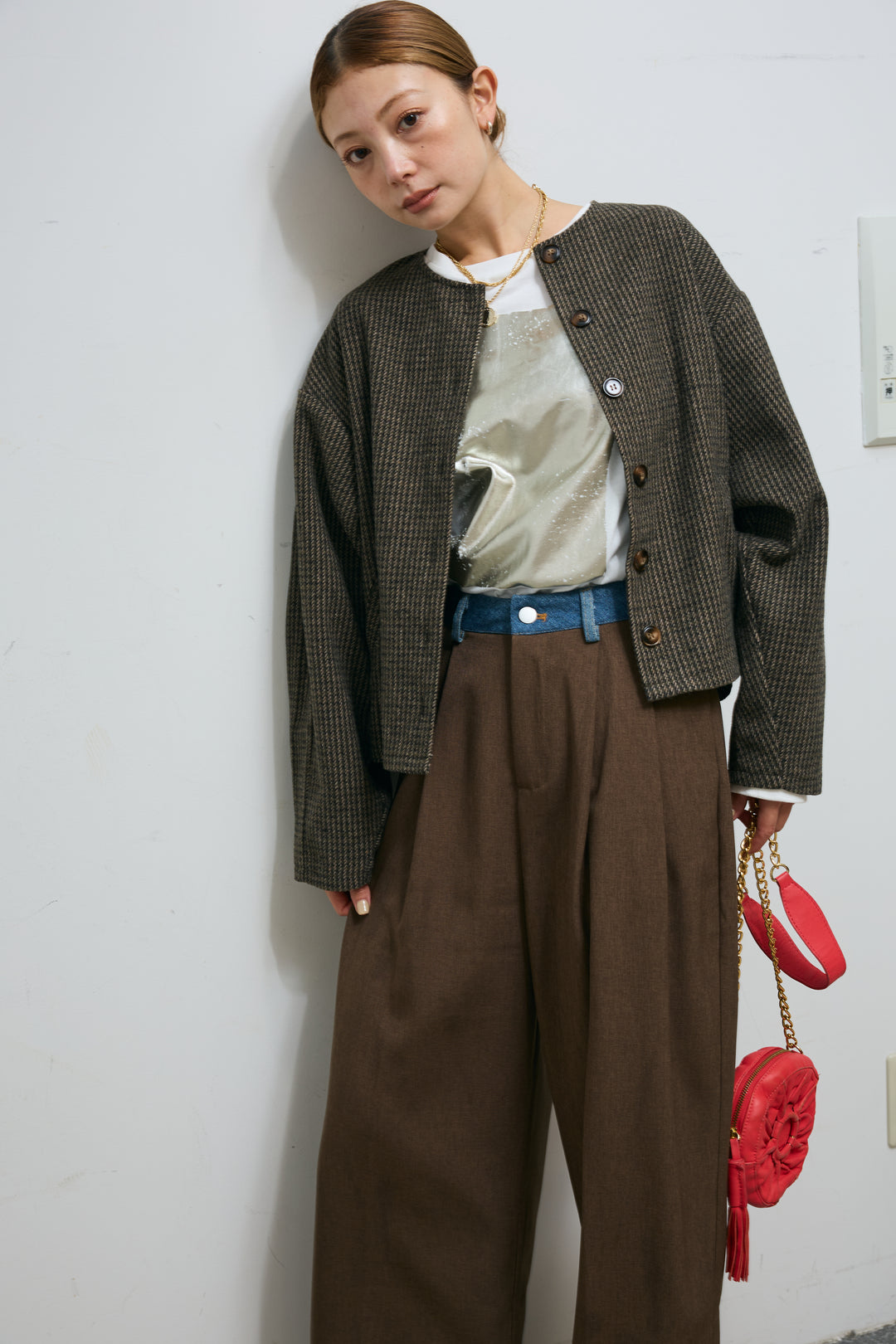 [予約/SET]ガンクラブチェックノーカラーJK+ウエスト配色タックワイドパンツ(2set)