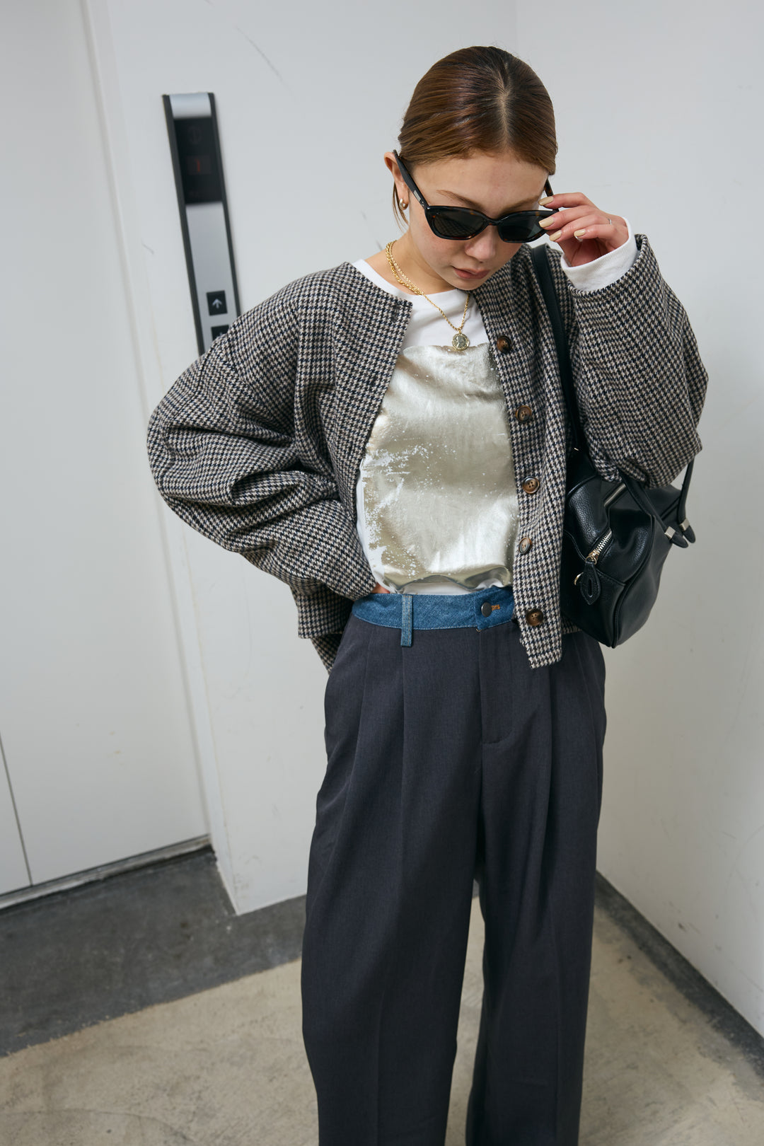 [予約/SET]ガンクラブチェックノーカラーJK+ウエスト配色タックワイドパンツ(2set)