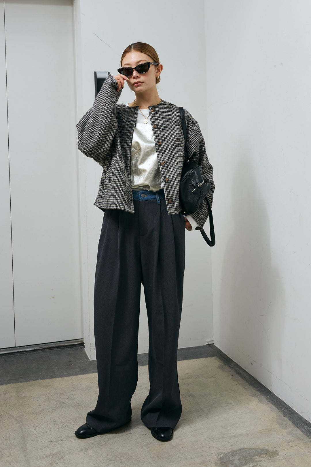 [予約/SET]ガンクラブチェックノーカラーJK+ウエスト配色タックワイドパンツ(2set)