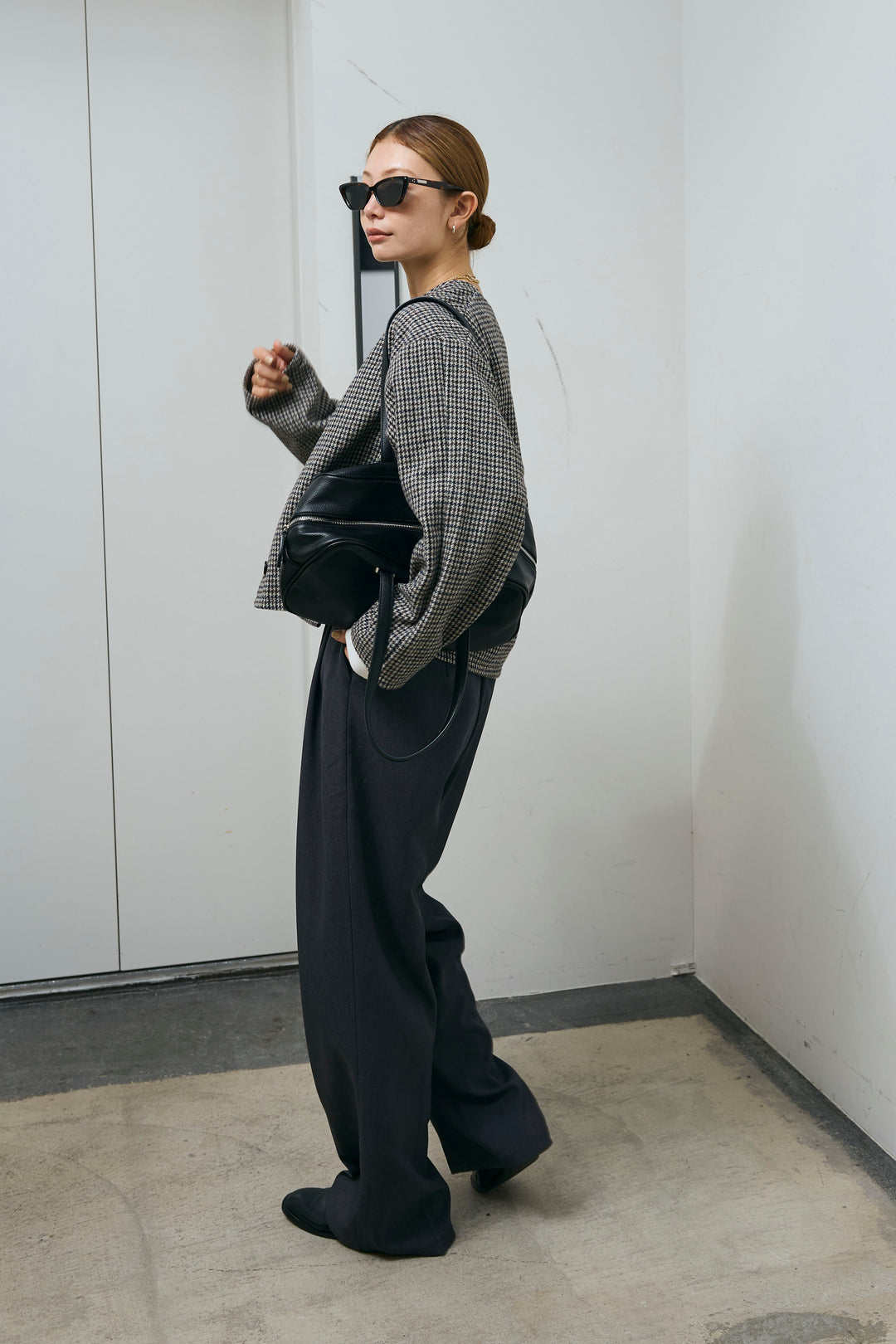 [予約/SET]ガンクラブチェックノーカラーJK+ウエスト配色タックワイドパンツ(2set)