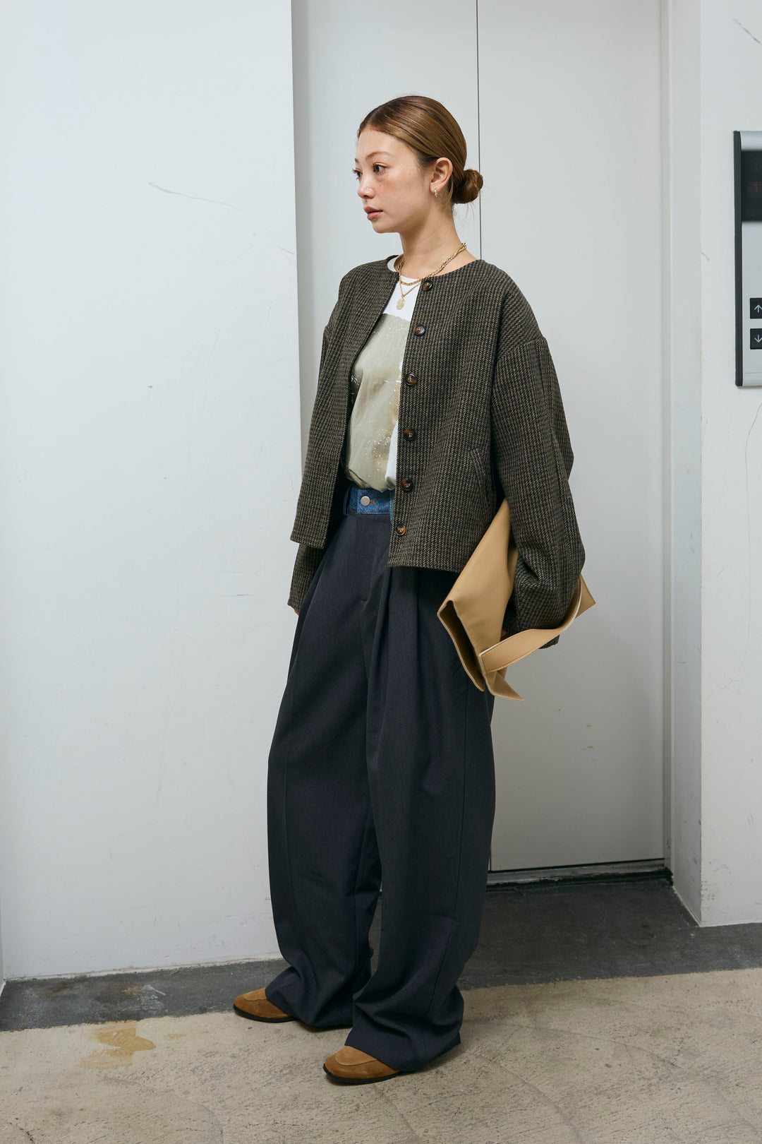 [予約/SET]ガンクラブチェックノーカラーJK+ウエスト配色タックワイドパンツ(2set)