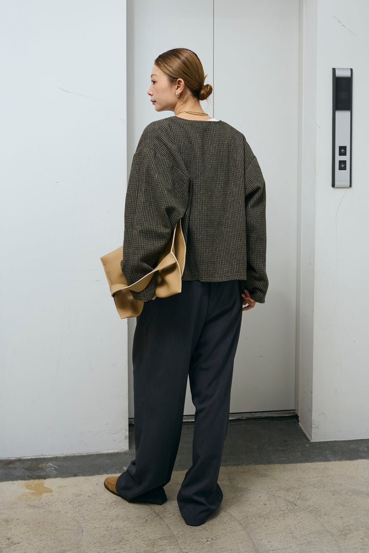 [予約/SET]ガンクラブチェックノーカラーJK+ウエスト配色タックワイドパンツ(2set)