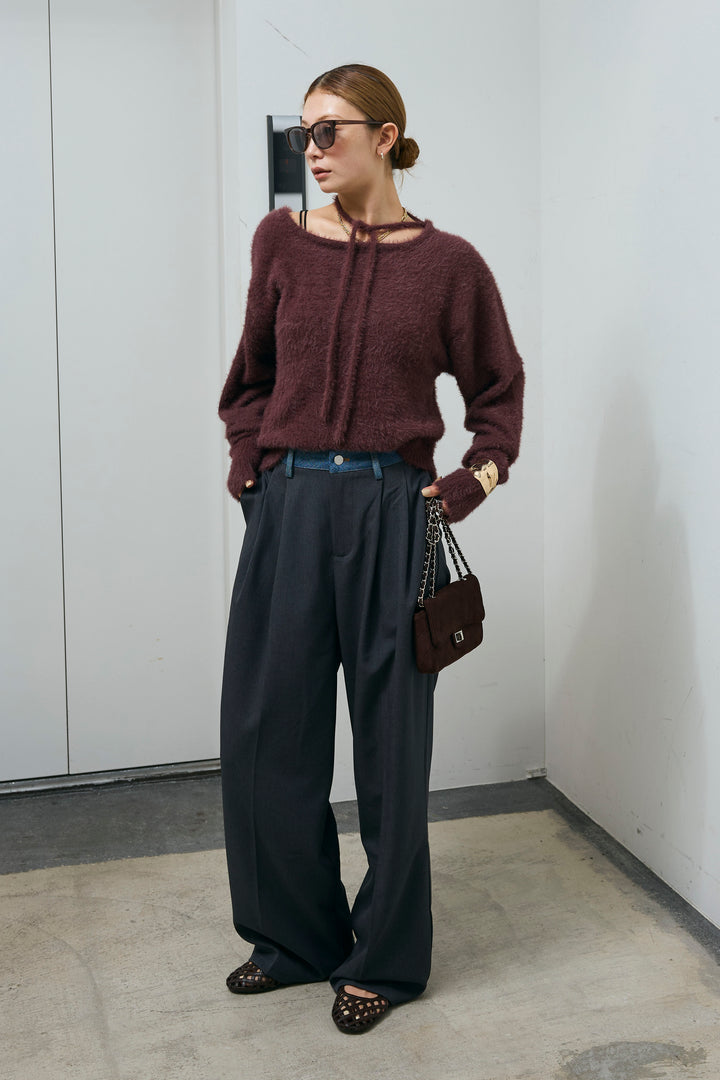 [予約/SET]ループ付きミニフェザーニット+ウエスト配色タックワイドパンツ(2set)