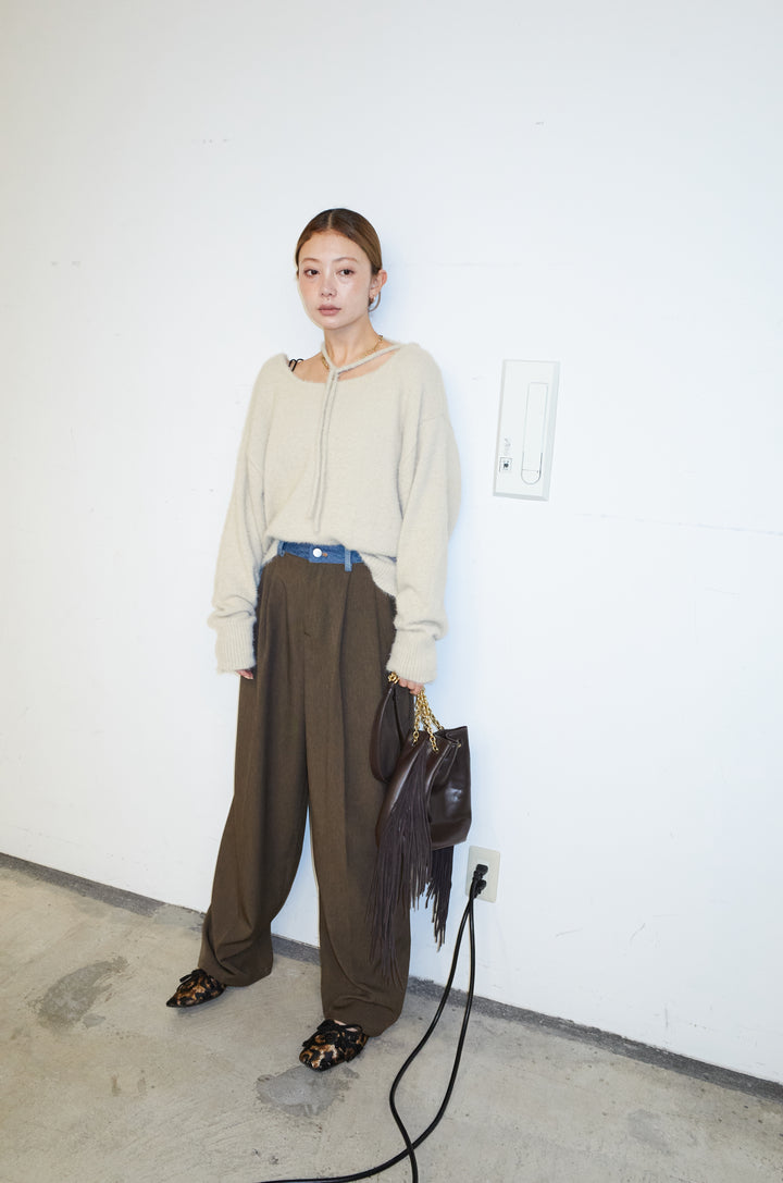 [予約/SET]ループ付きミニフェザーニット+ウエスト配色タックワイドパンツ(2set)