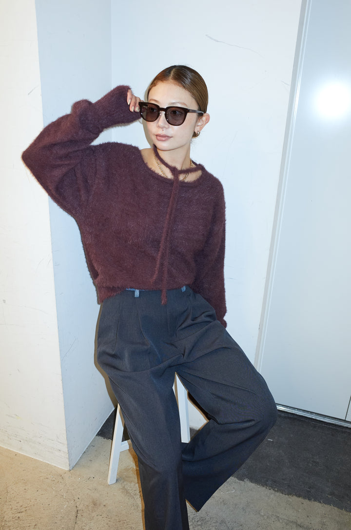 [予約/SET]ループ付きミニフェザーニット+ウエスト配色タックワイドパンツ(2set)