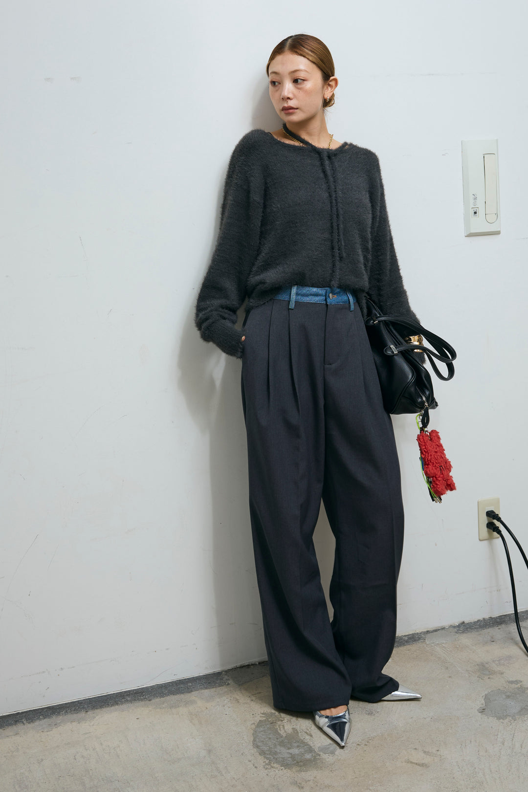 [予約/SET]ループ付きミニフェザーニット+ウエスト配色タックワイドパンツ(2set)