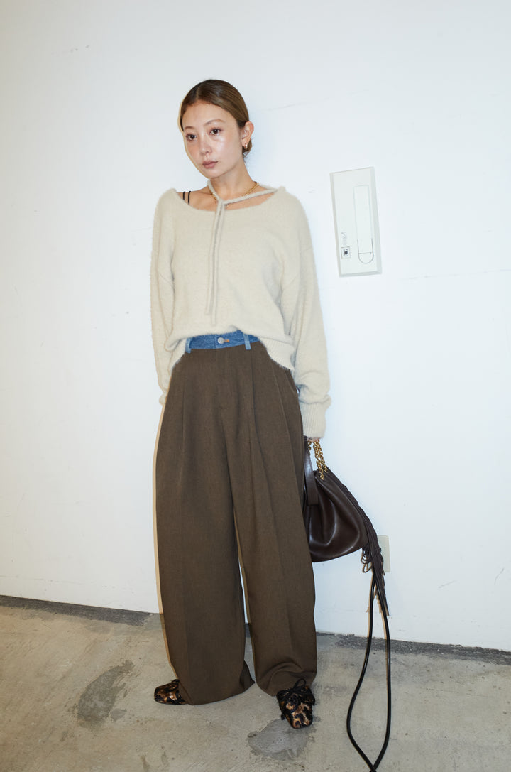 [予約/SET]ループ付きミニフェザーニット+ウエスト配色タックワイドパンツ(2set)