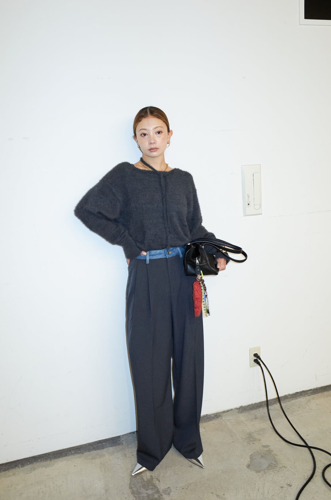 [予約/SET]ループ付きミニフェザーニット+ウエスト配色タックワイドパンツ(2set)