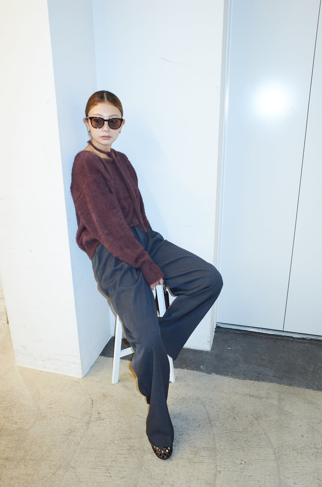 [予約/SET]ループ付きミニフェザーニット+ウエスト配色タックワイドパンツ(2set)