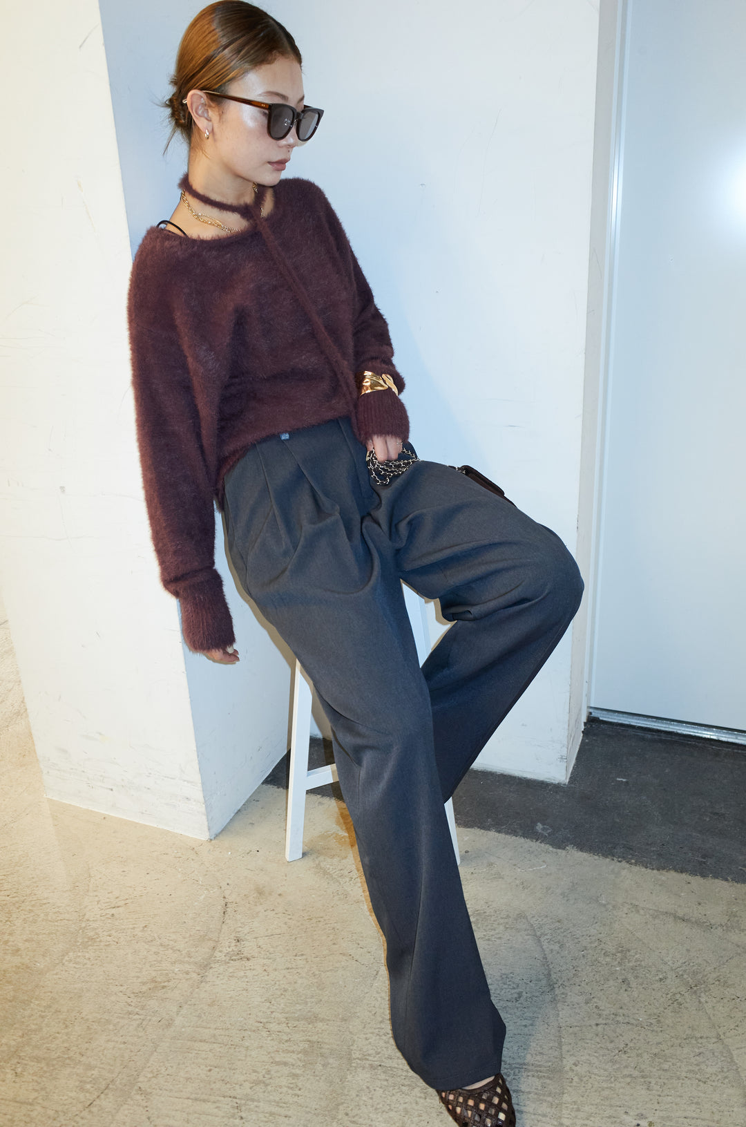 [予約/SET]ループ付きミニフェザーニット+ウエスト配色タックワイドパンツ(2set)