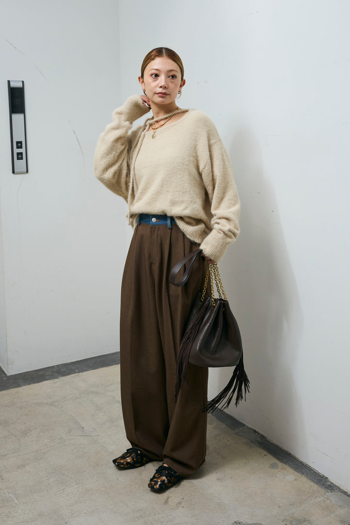 [予約/SET]ループ付きミニフェザーニット+ウエスト配色タックワイドパンツ(2set)