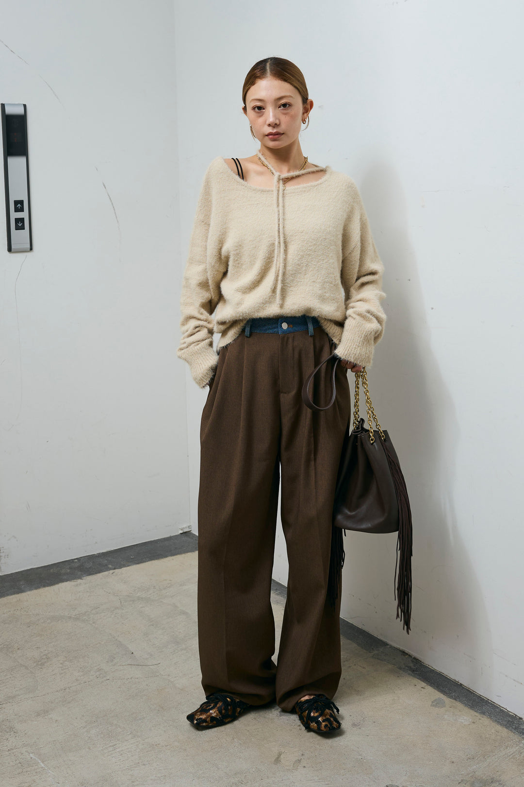 [予約/SET]ループ付きミニフェザーニット+ウエスト配色タックワイドパンツ(2set)