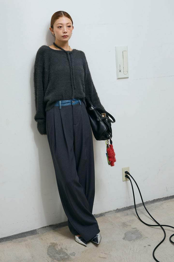 [予約/SET]ループ付きミニフェザーニット+ウエスト配色タックワイドパンツ(2set)