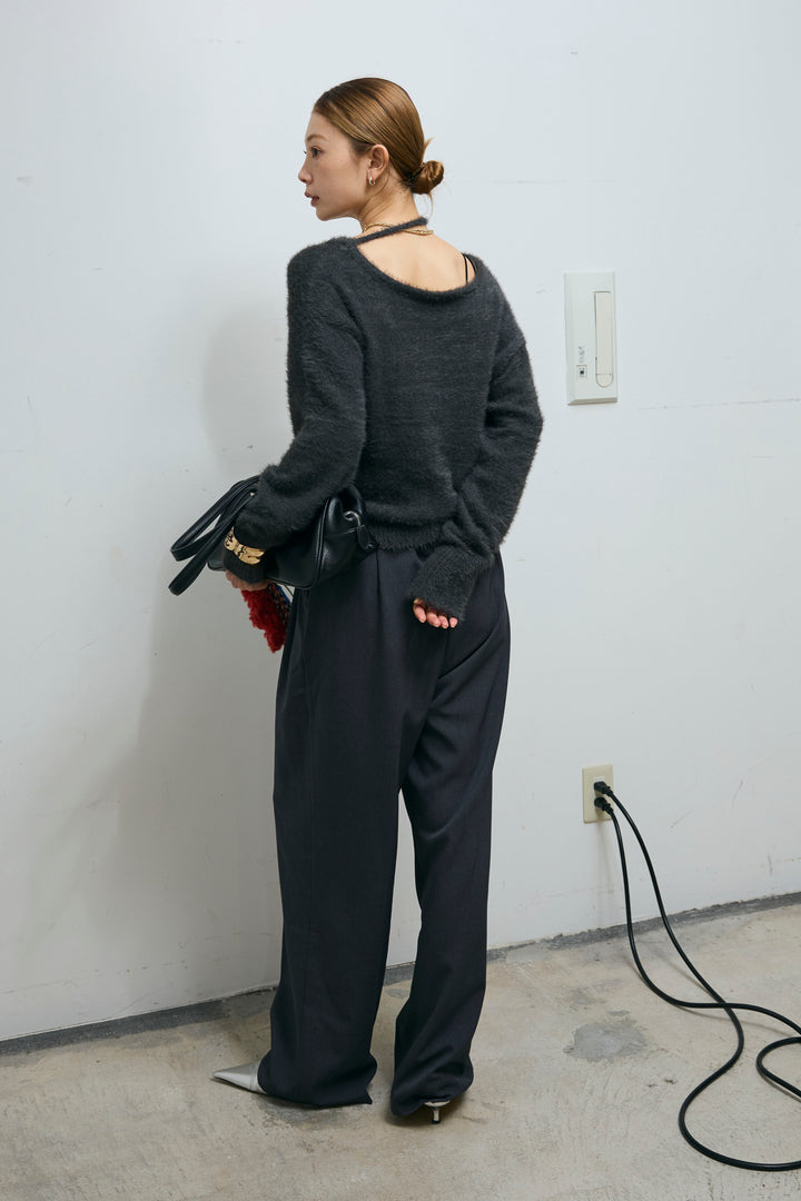 [予約/SET]ループ付きミニフェザーニット+ウエスト配色タックワイドパンツ(2set)