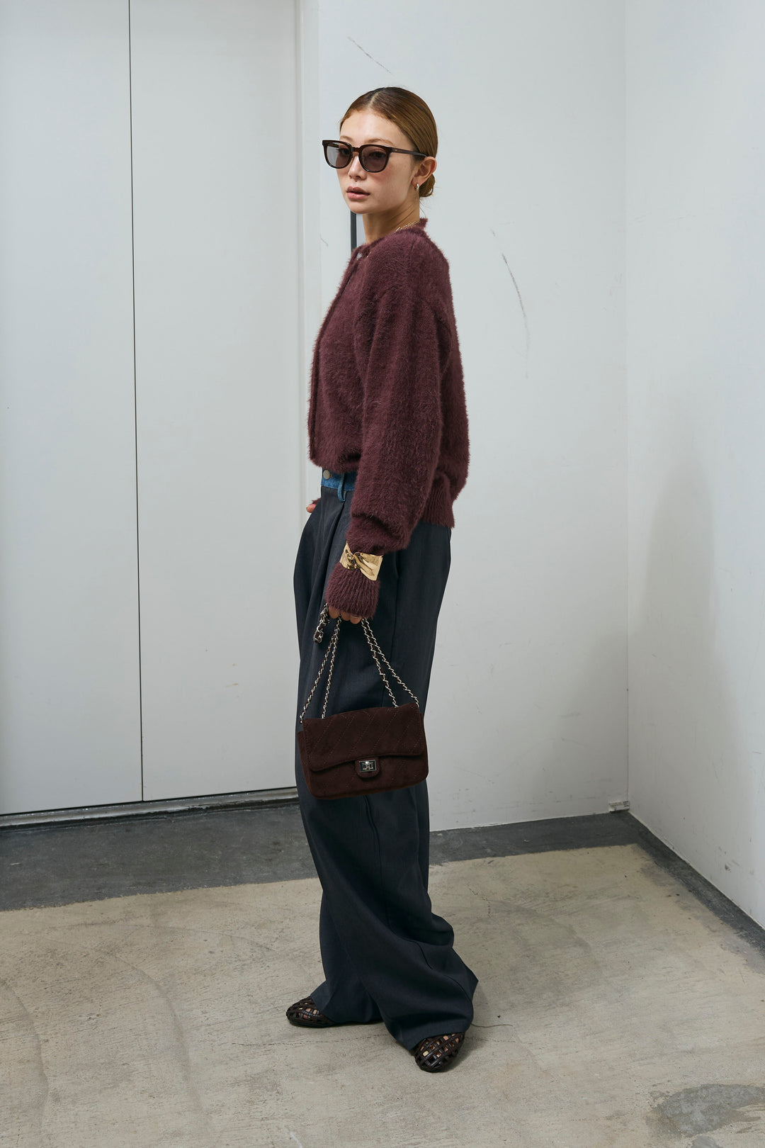 [予約/SET]ループ付きミニフェザーニット+ウエスト配色タックワイドパンツ(2set)