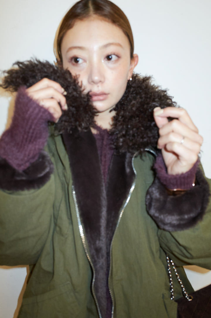 [予約/SET]ボア襟ジップブルゾン+ループ付きミニフェザーニット+レース刺繍ロングスカート(3set)