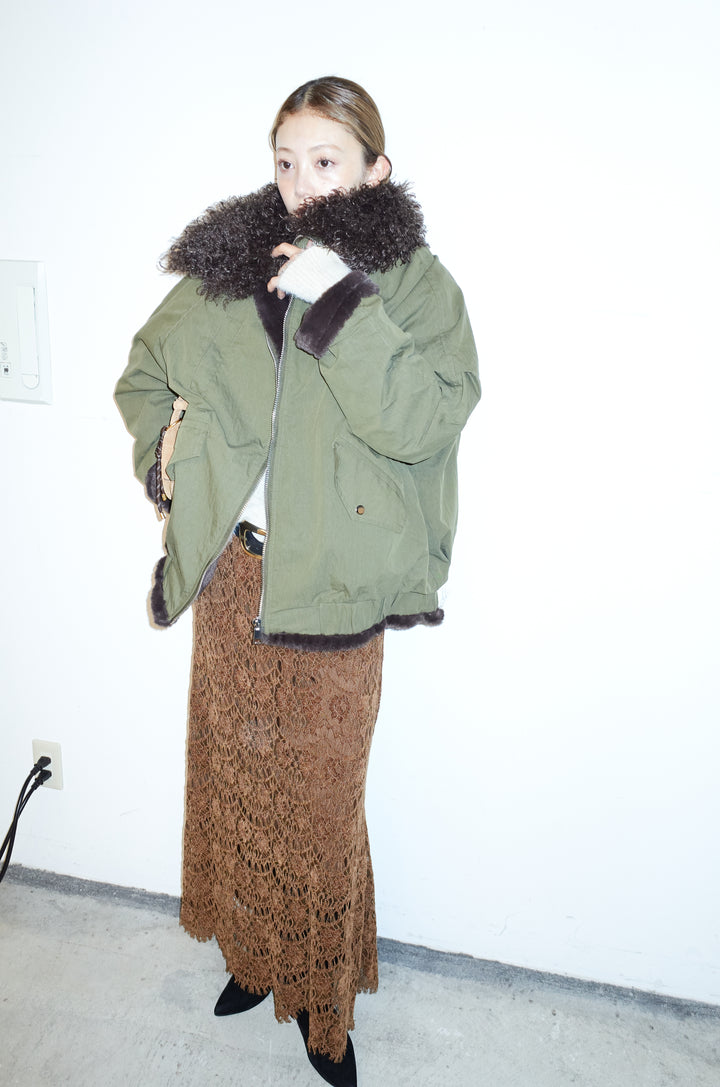 [予約/SET]ボア襟ジップブルゾン+レース刺繍ロングスカート(2set)