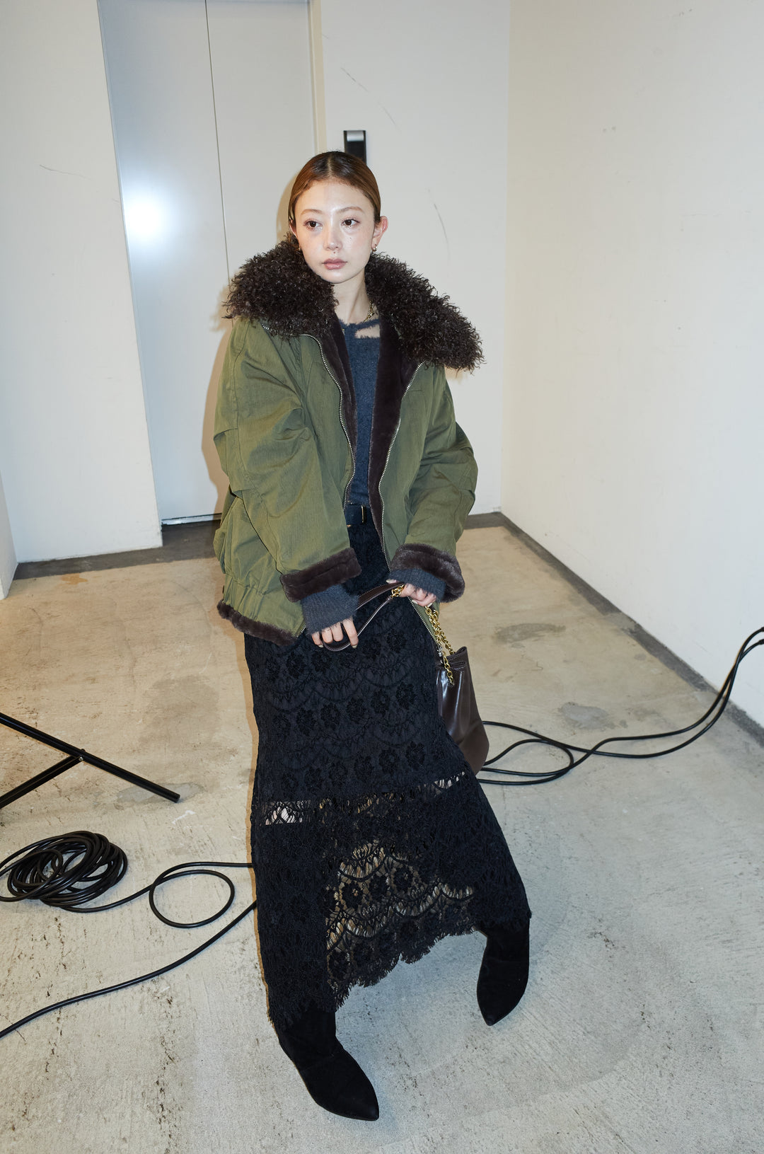 [予約/SET]ボア襟ジップブルゾン+レース刺繍ロングスカート(2set)