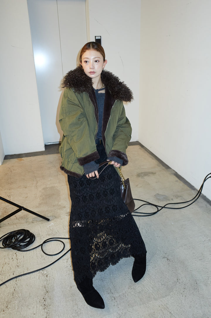 [予約/SET]ボア襟ジップブルゾン+レース刺繍ロングスカート(2set)