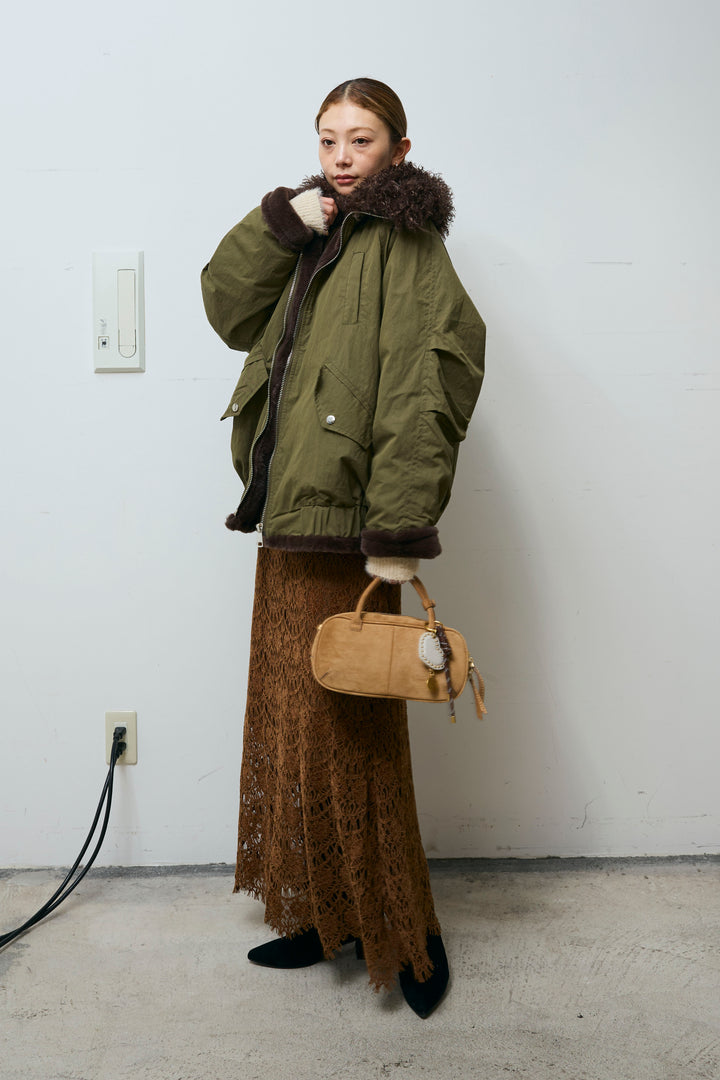 [予約/SET]ボア襟ジップブルゾン+レース刺繍ロングスカート(2set)