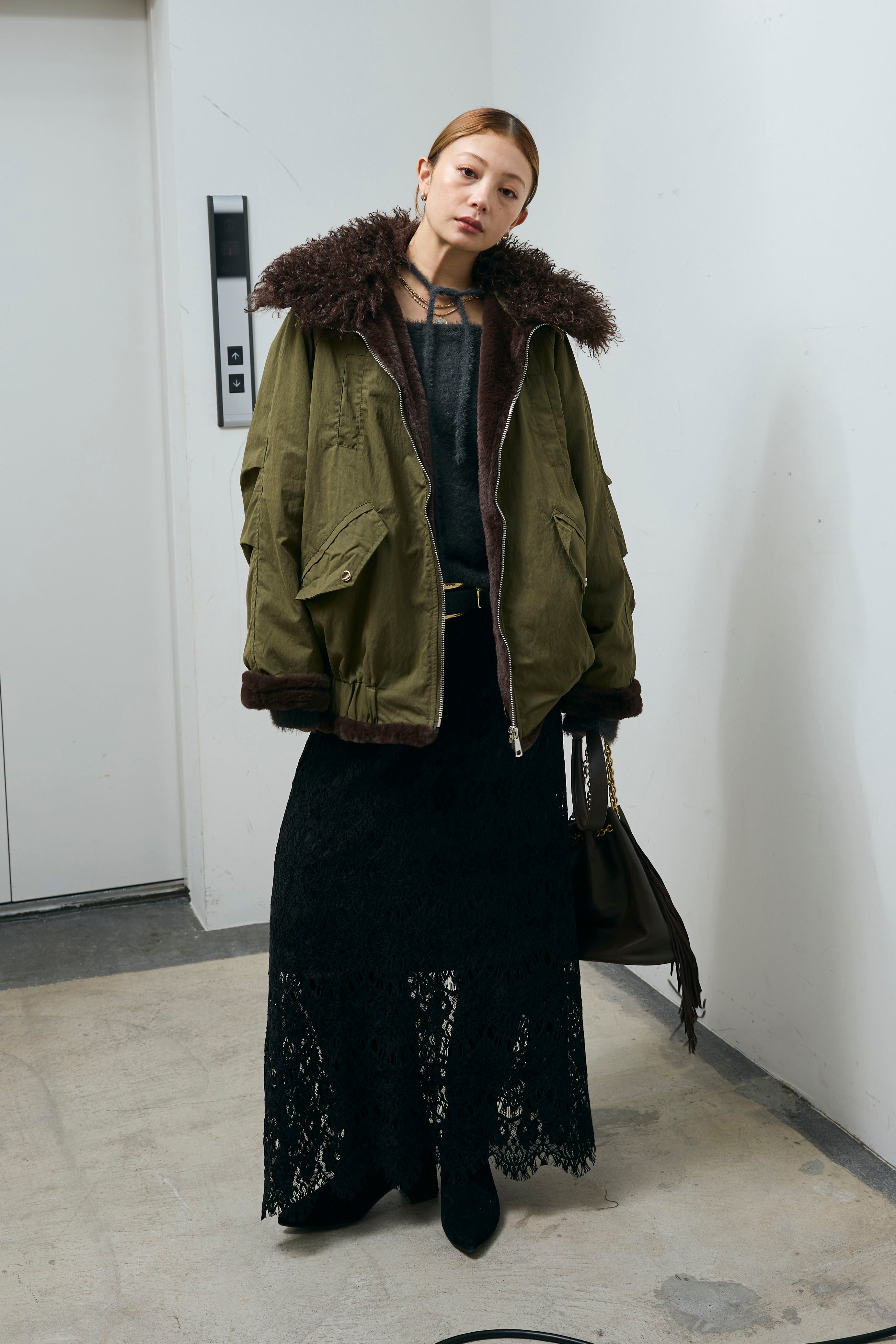 予約/SET]ボア襟ジップブルゾン+レース刺繍ロングスカート(2set