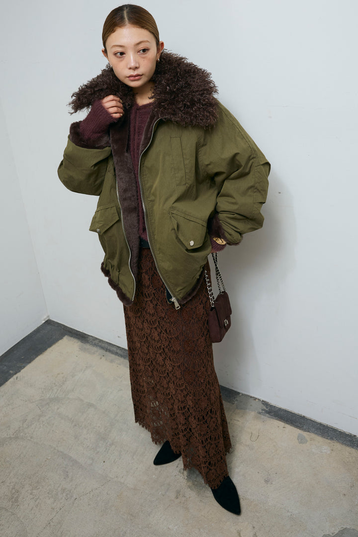 [予約/SET]ボア襟ジップブルゾン+レース刺繍ロングスカート(2set)