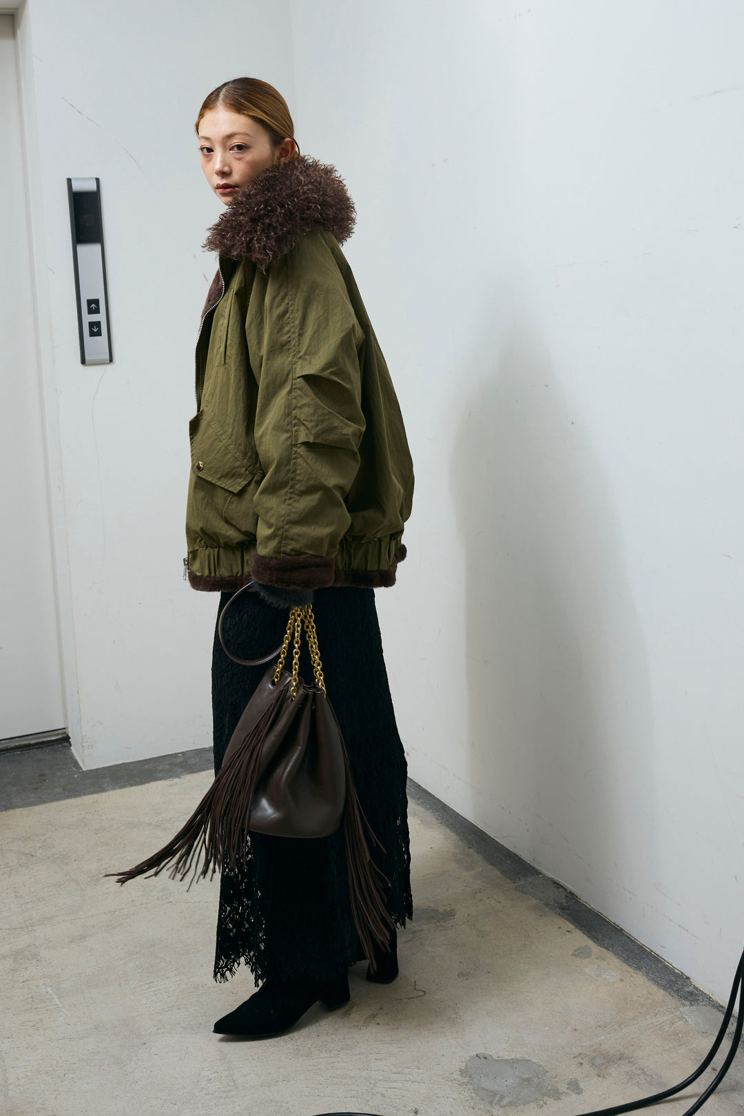 [予約/SET]ボア襟ジップブルゾン+レース刺繍ロングスカート(2set)