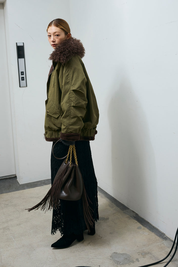 [予約/SET]ボア襟ジップブルゾン+レース刺繍ロングスカート(2set)