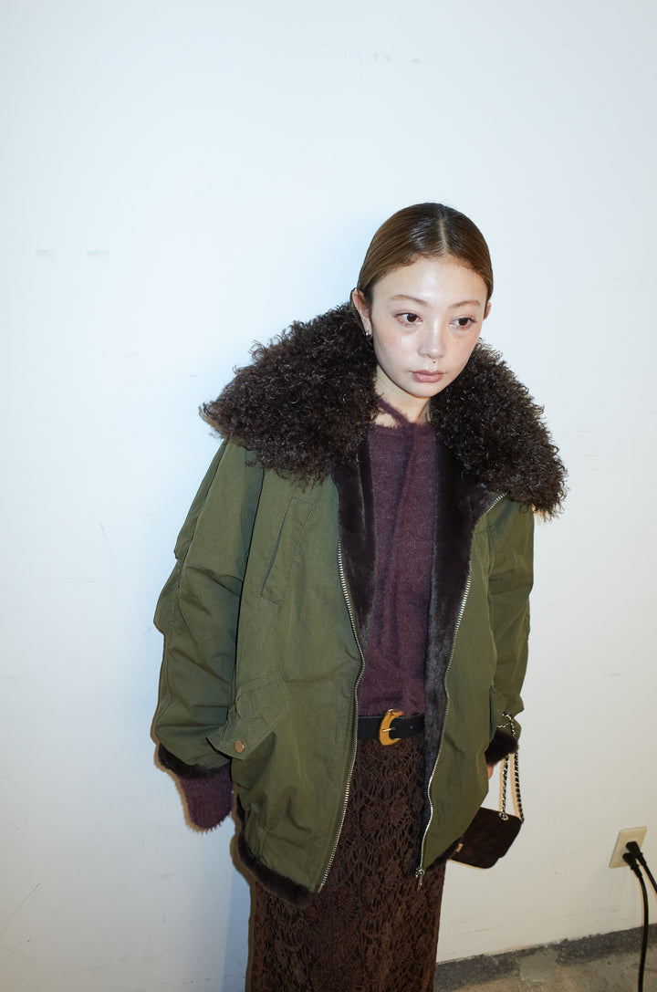 [予約/SET]ボア襟ジップブルゾン+レース刺繍ロングスカート(2set)