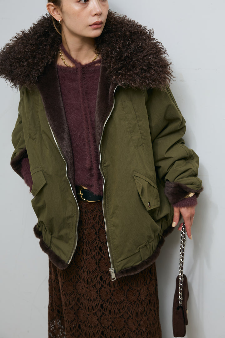 [予約/SET]ボア襟ジップブルゾン+レース刺繍ロングスカート(2set)