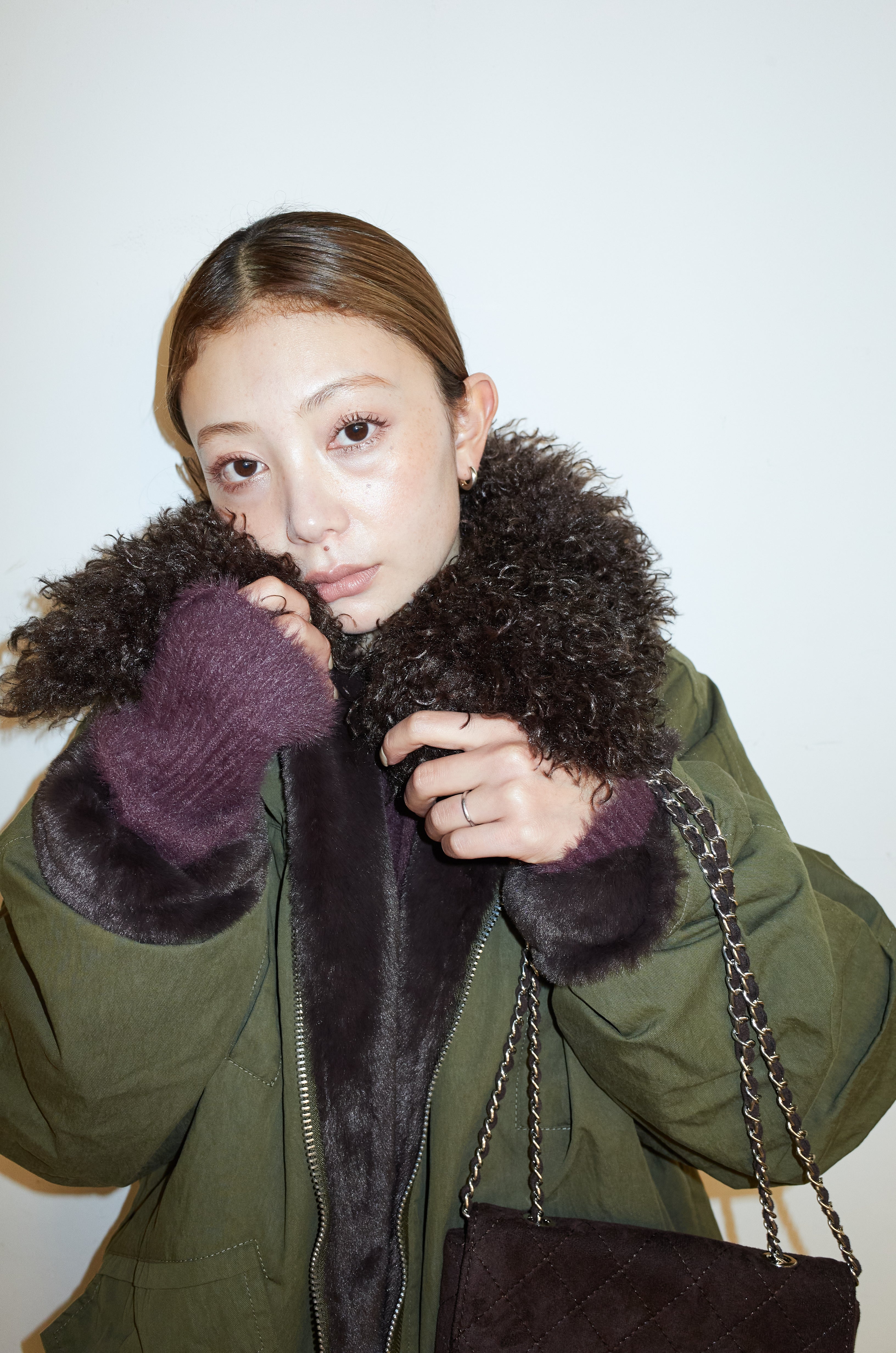 予約/SET]ボア襟ジップブルゾン+レース刺繍ロングスカート(2set