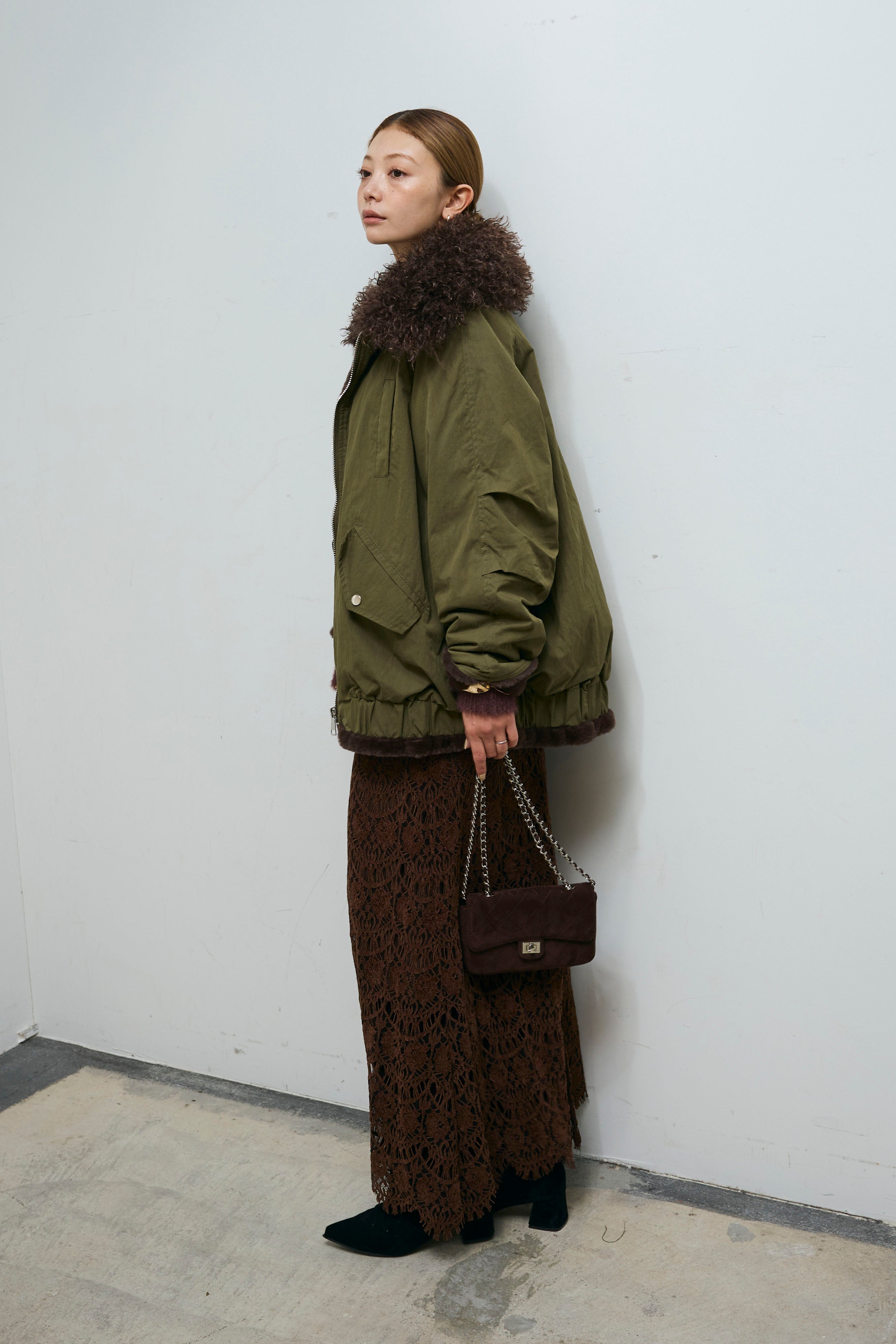 予約/SET]ボア襟ジップブルゾン+レース刺繍ロングスカート(2set