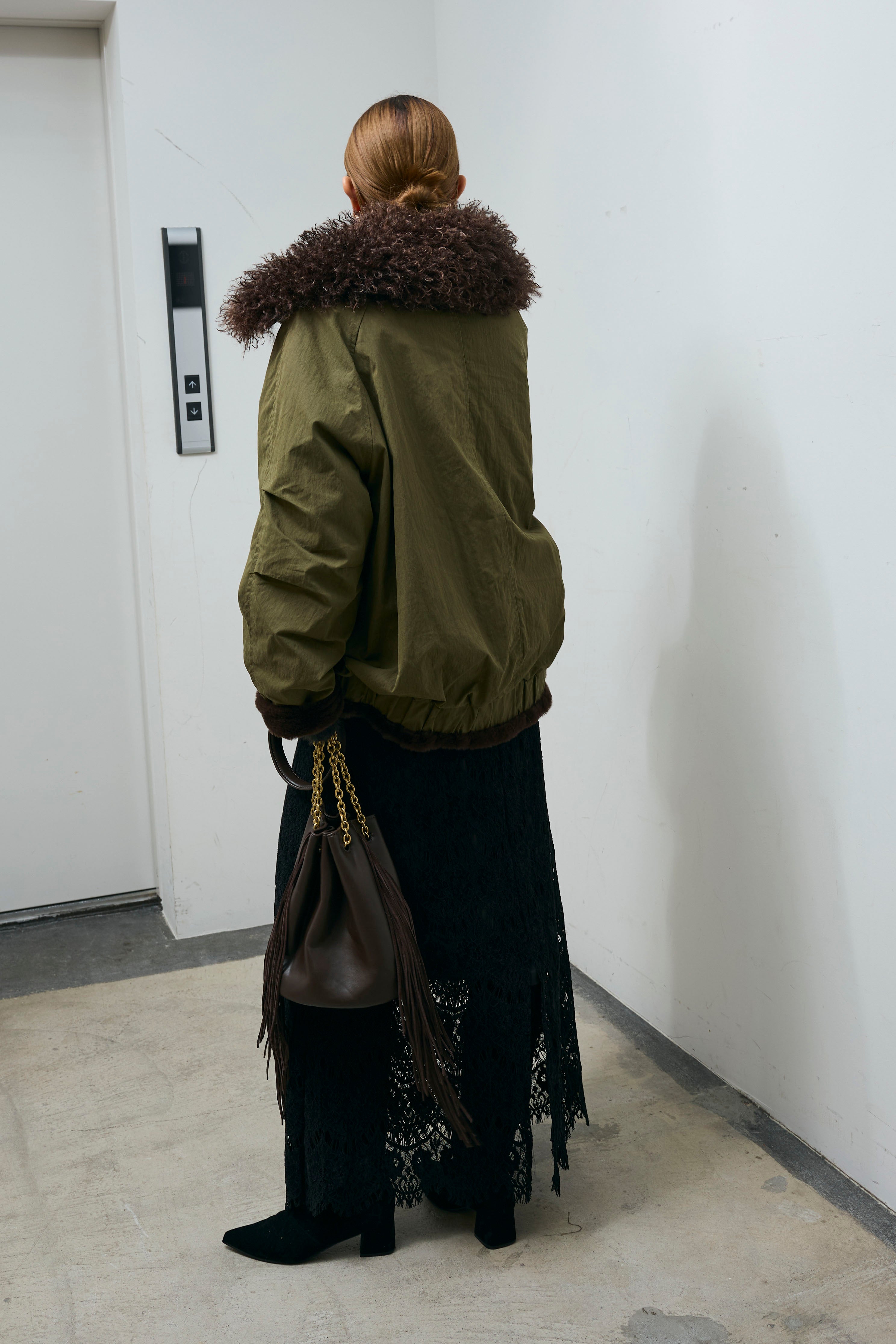 予約/SET]ボア襟ジップブルゾン+レース刺繍ロングスカート(2set