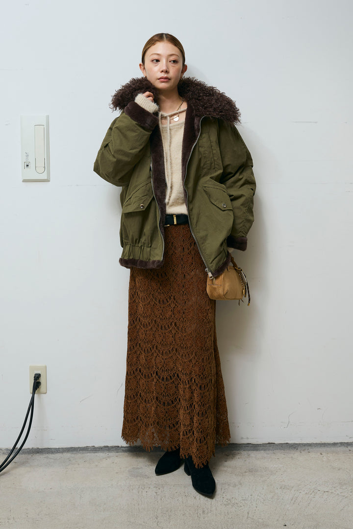 [予約/SET]ボア襟ジップブルゾン+レース刺繍ロングスカート(2set)