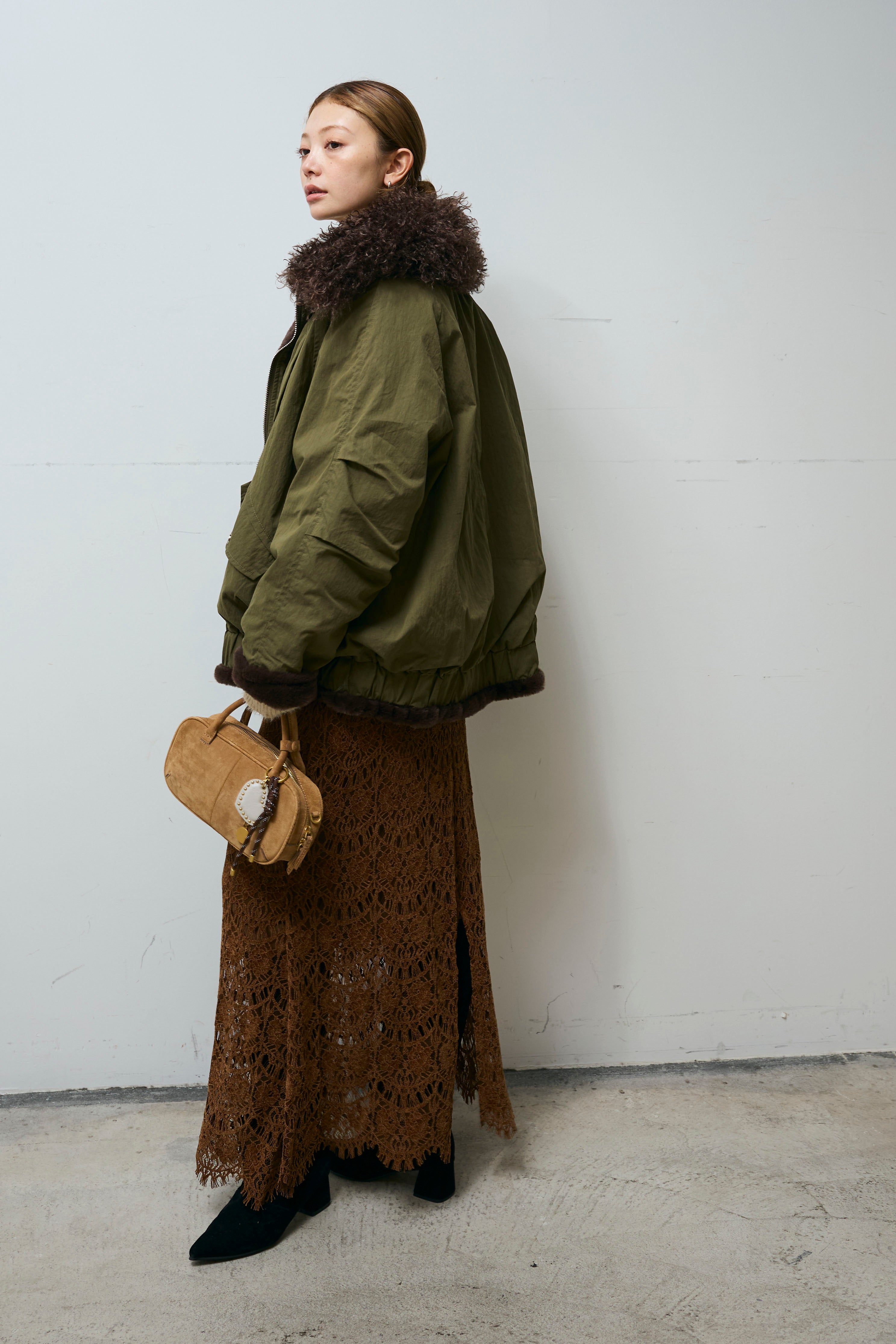 予約/SET]ボア襟ジップブルゾン+レース刺繍ロングスカート(2set