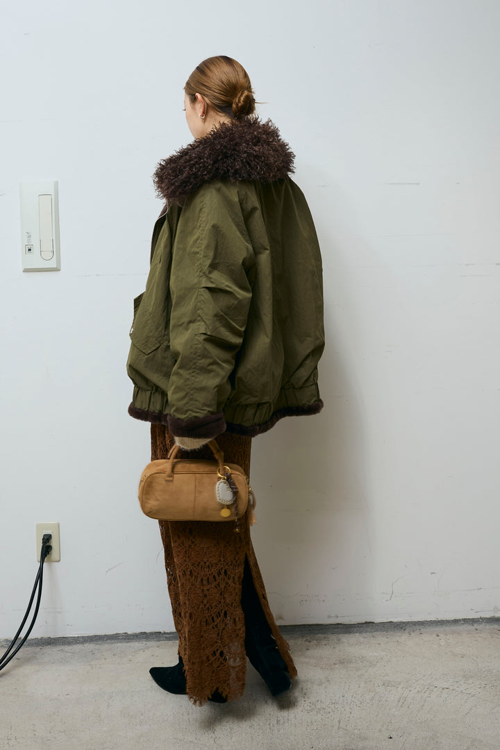 [予約/SET]ボア襟ジップブルゾン+レース刺繍ロングスカート(2set)