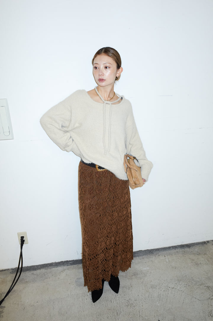 [予約/SET]ループ付きミニフェザーニット+レース刺繍ロングスカート(2set)
