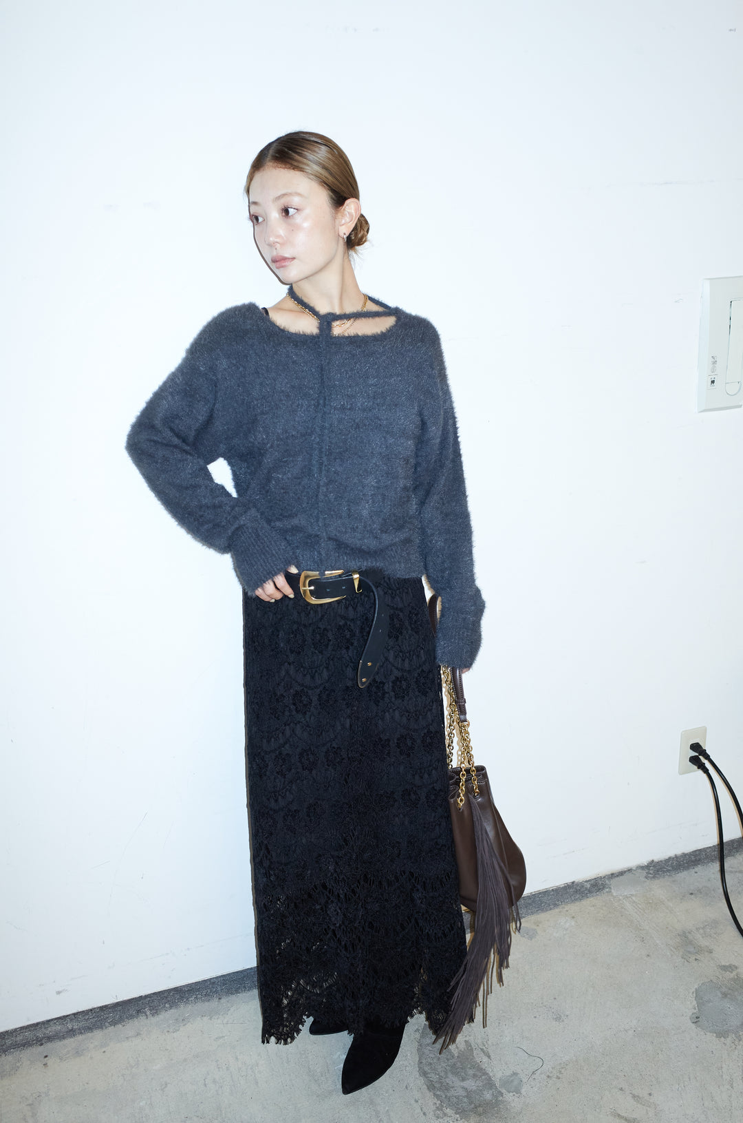 [予約/SET]ループ付きミニフェザーニット+レース刺繍ロングスカート(2set)