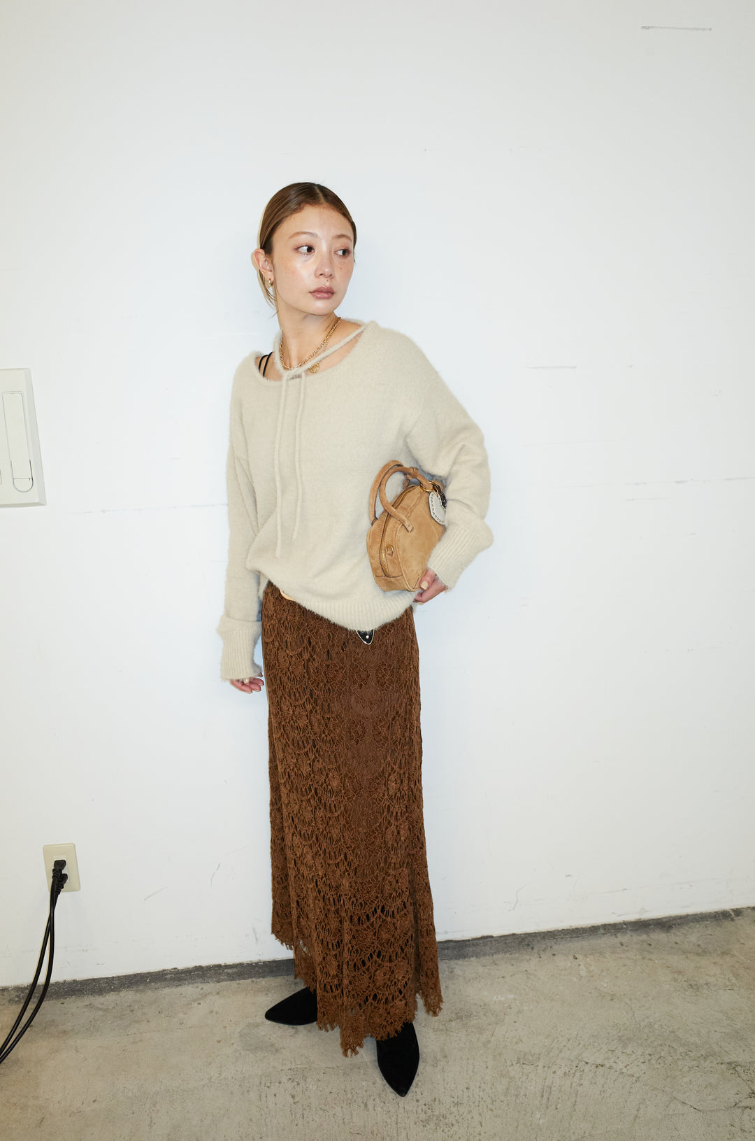 [予約/SET]ループ付きミニフェザーニット+レース刺繍ロングスカート(2set)