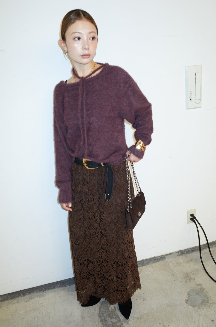 [予約/SET]ループ付きミニフェザーニット+レース刺繍ロングスカート(2set)