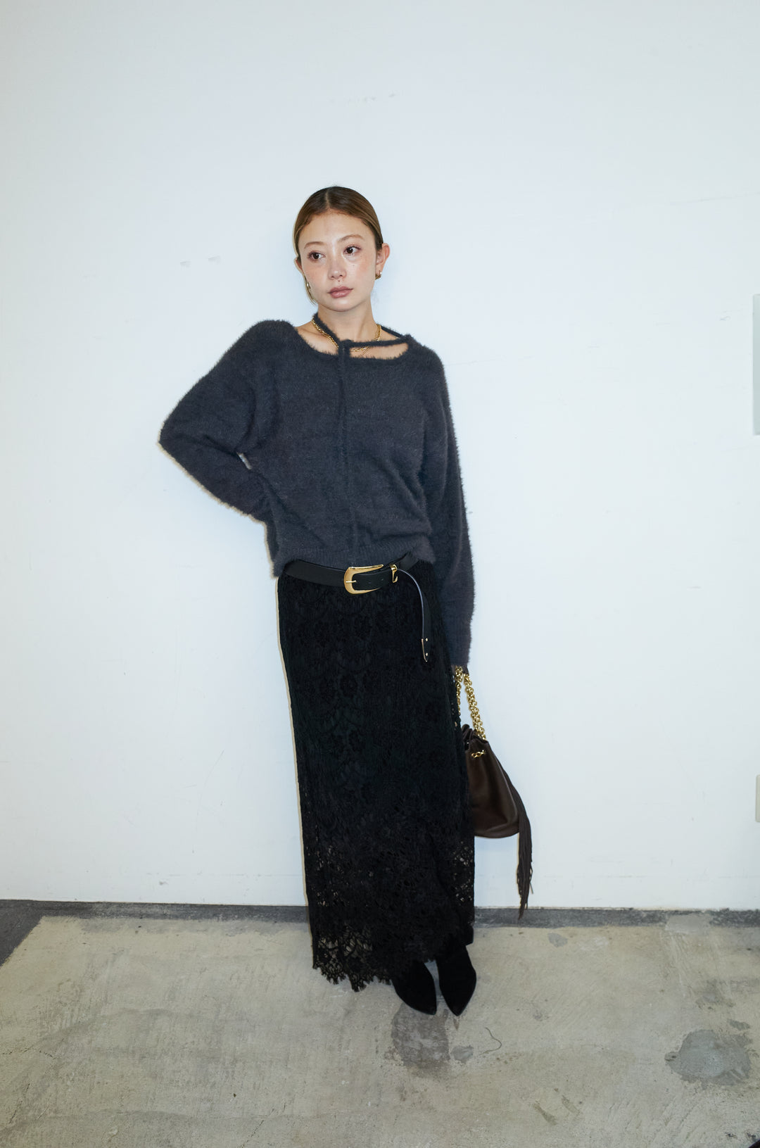 [予約/SET]ループ付きミニフェザーニット+レース刺繍ロングスカート(2set)