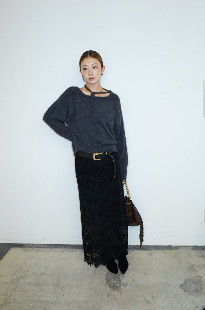 [予約/SET]ループ付きミニフェザーニット+レース刺繍ロングスカート(2set)