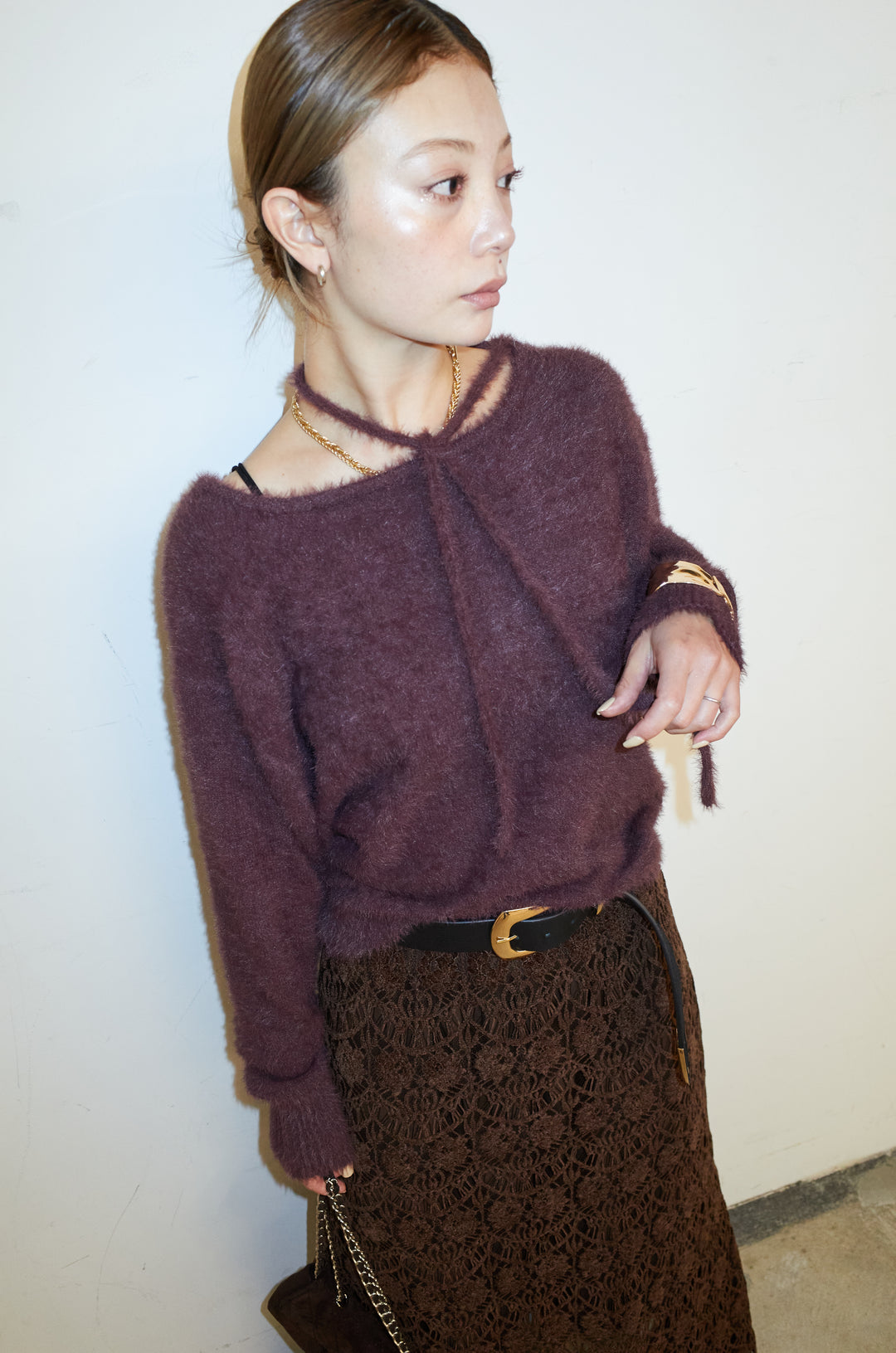 [予約/SET]ループ付きミニフェザーニット+レース刺繍ロングスカート(2set)